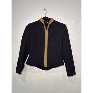 Wool Ralph Lauren Black Gold Trim Zip Front Peplum Jacket Blazer Size 2